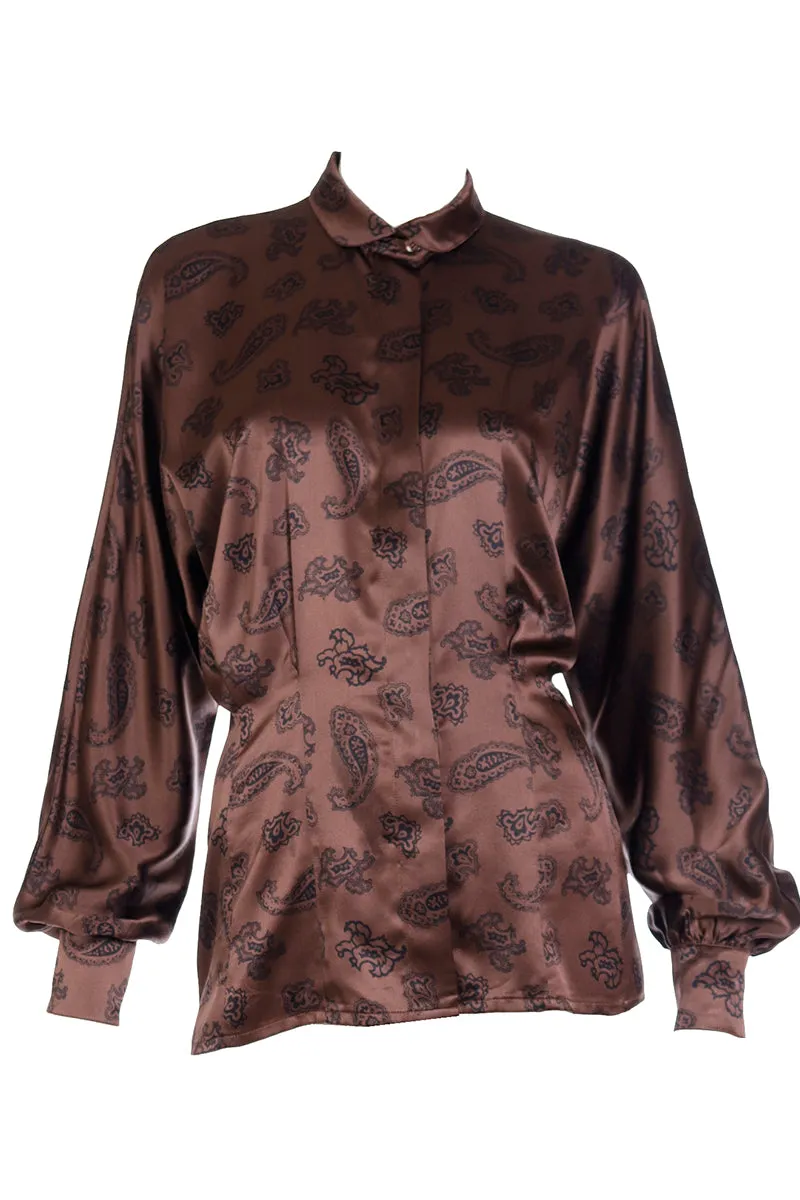 1980s Escada Margaretha Ley Brown & Black Paisley Silk Blouse