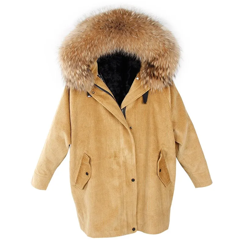 Ashore Shop fur coat coat winter jacket lady corduroy large real raccoon fur collar warm natural lamb fur lining coat