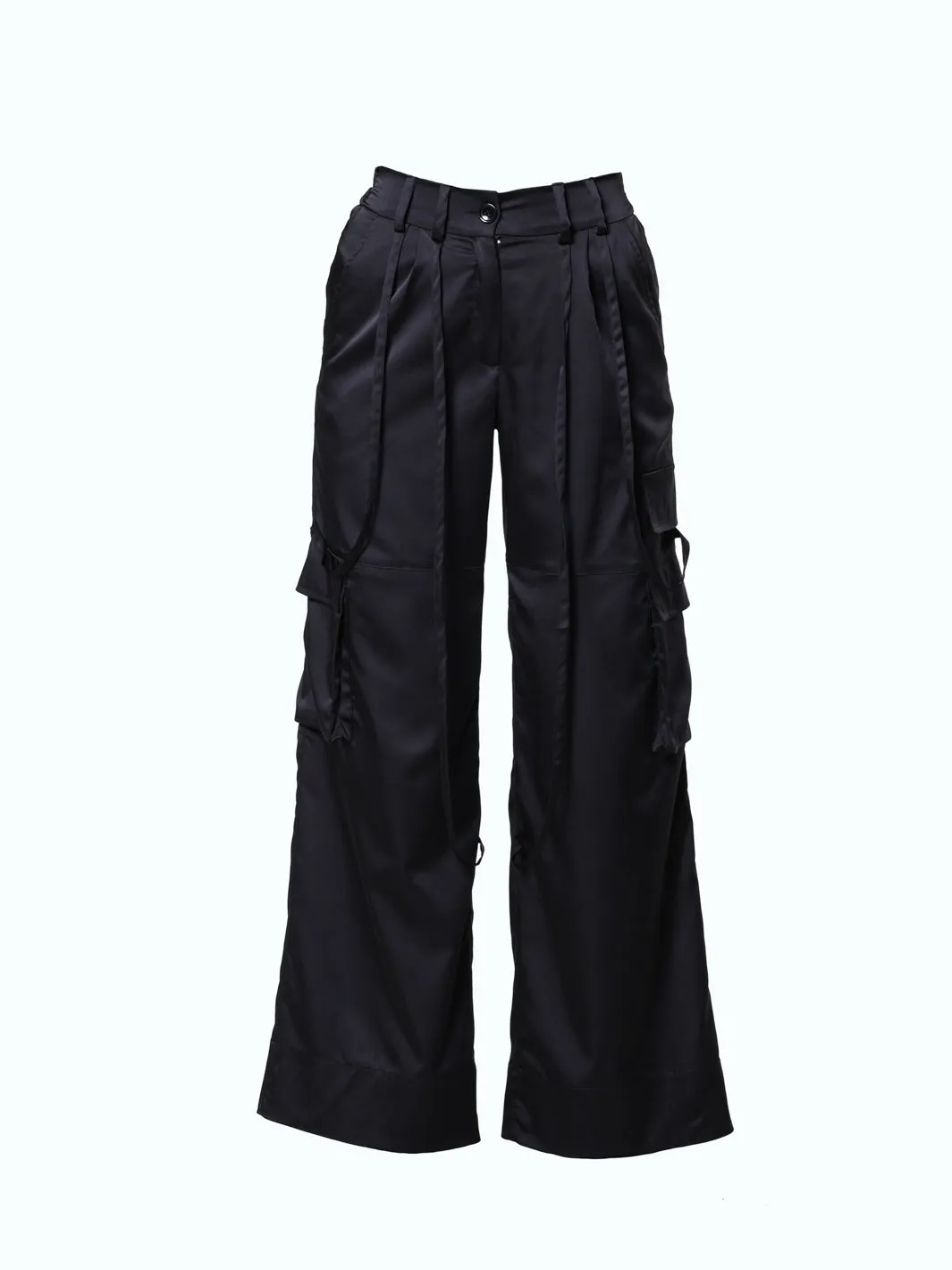 Black Satin Cargo Pants