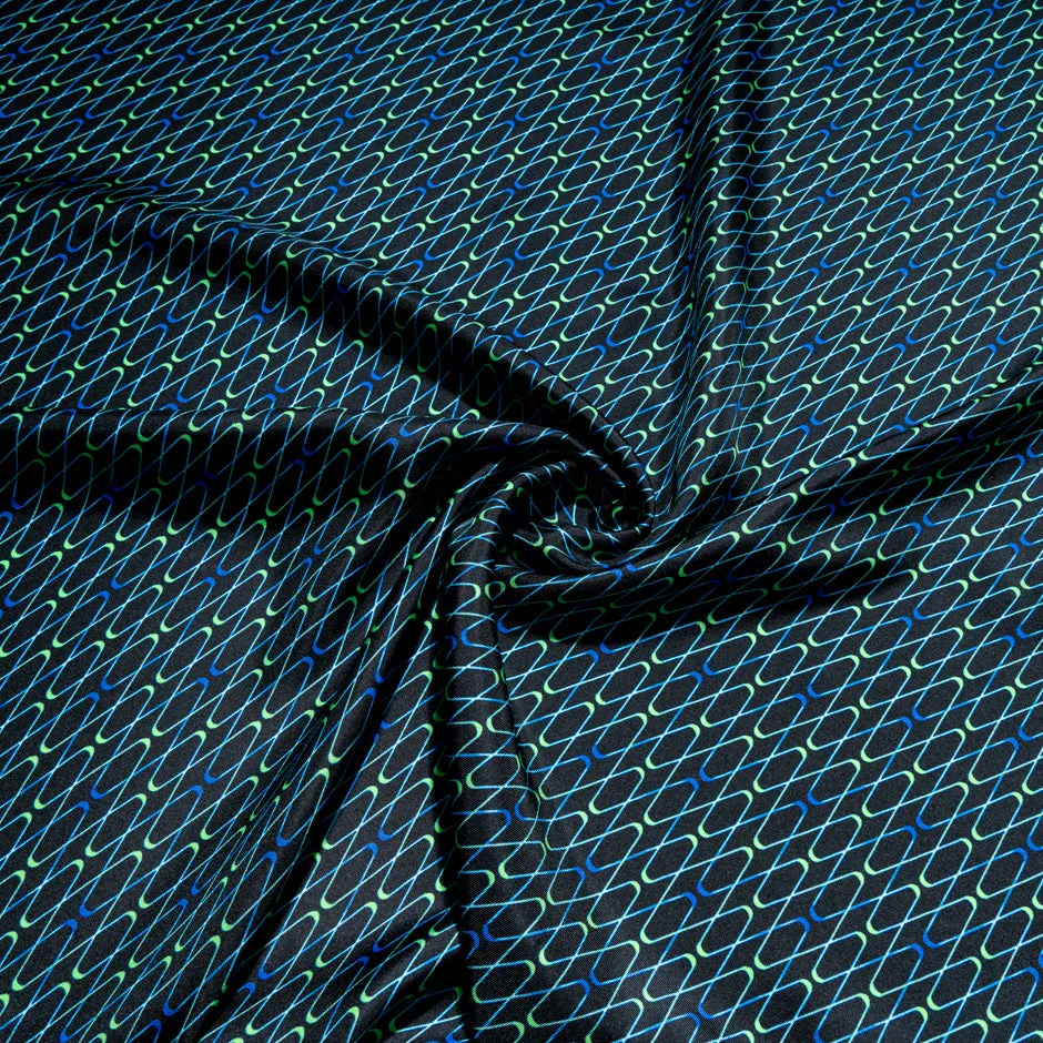 Blue & Green Geometric Printed Black Silk Twill