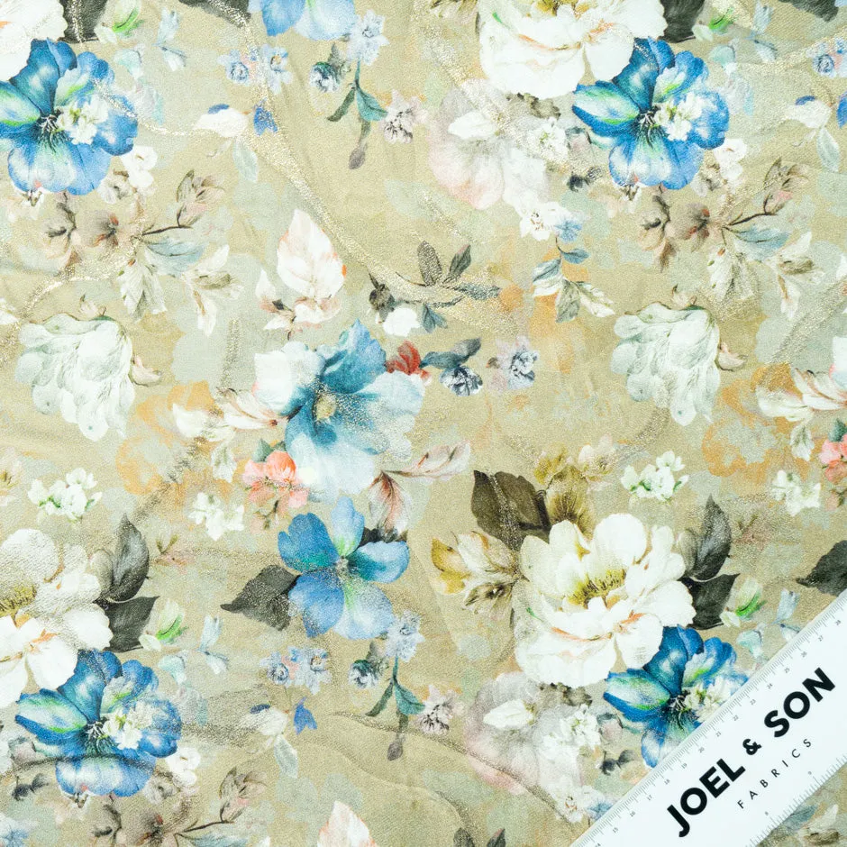 Blue & Ivory Floral Printed Metallic Jacquard Silk