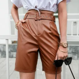 Camel Solid Leather Mid-length Shorts High Waist Pocket Zipper Shorts High Street Style