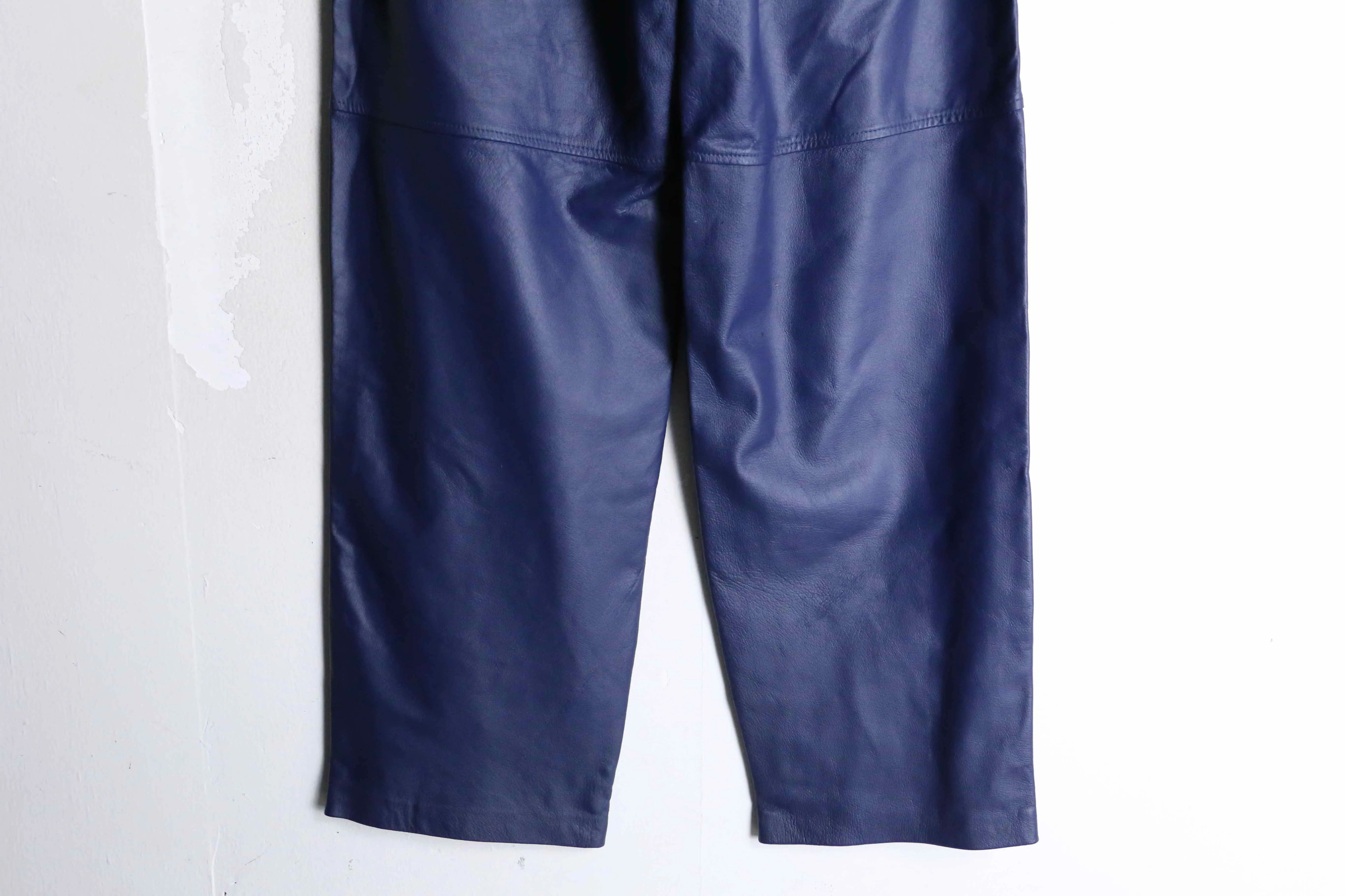 deep blue real leather wide tapered pants