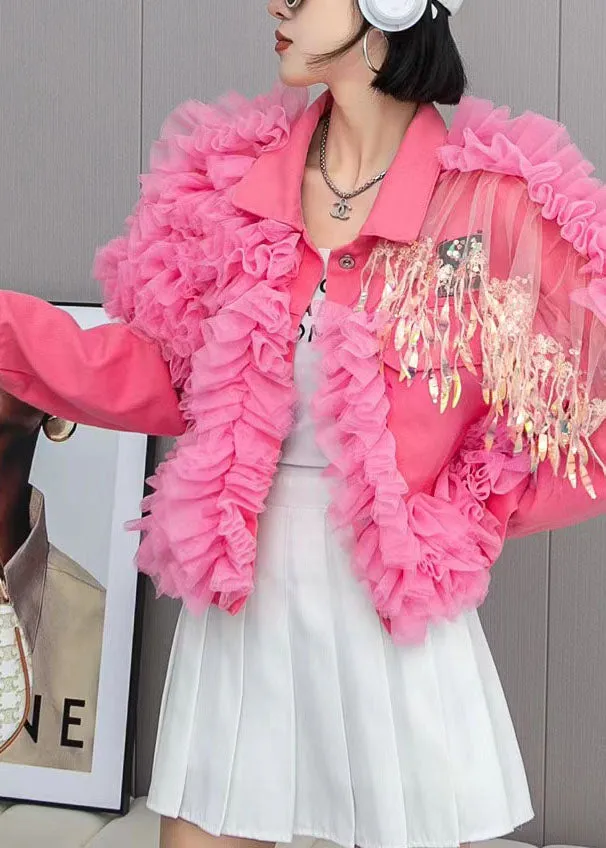 Fashion Pink Tulle Ruffled Tasseled Patchwork Denim Jackets Spring LY3984