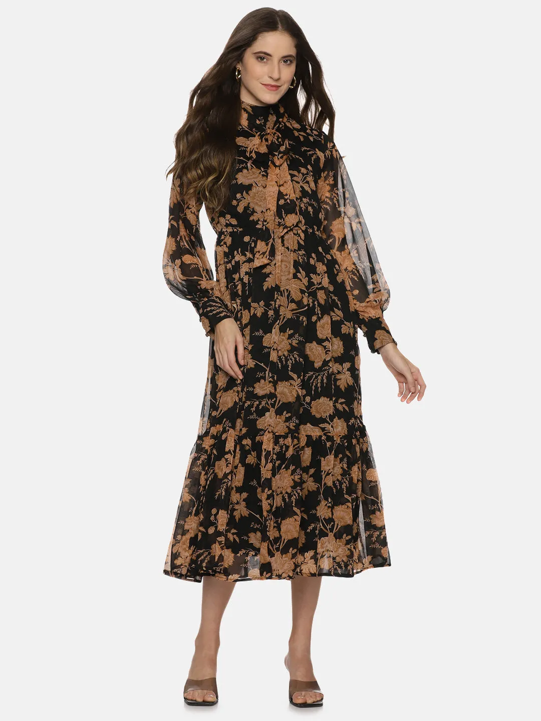 Floral Black Front Tie Knot Midaxi Dress