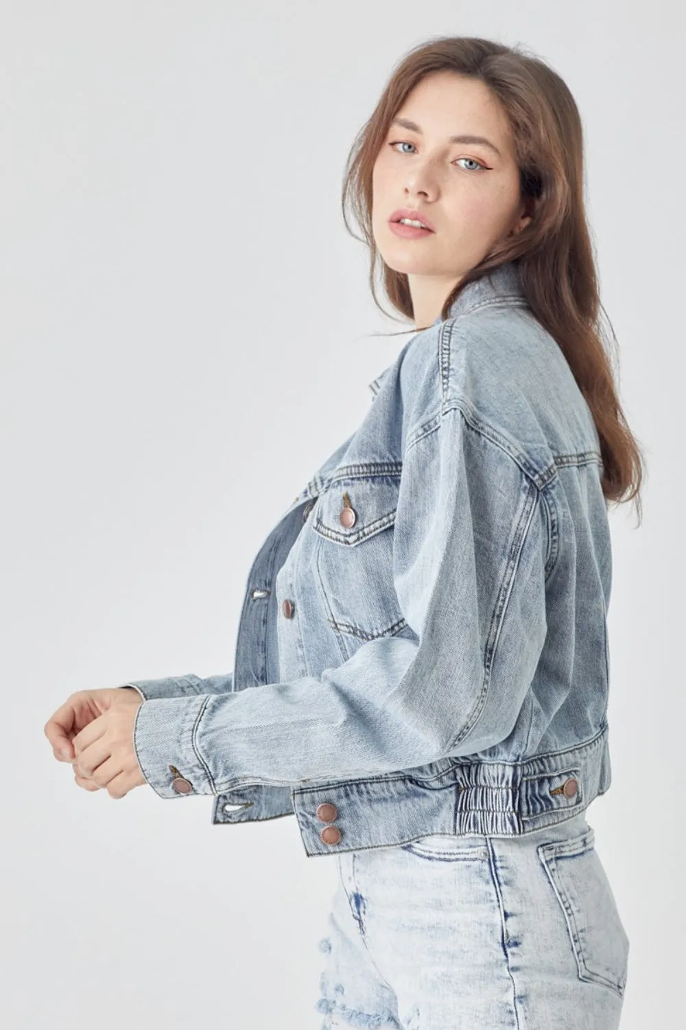 Full Size Button Down Cropped Denim Jacket