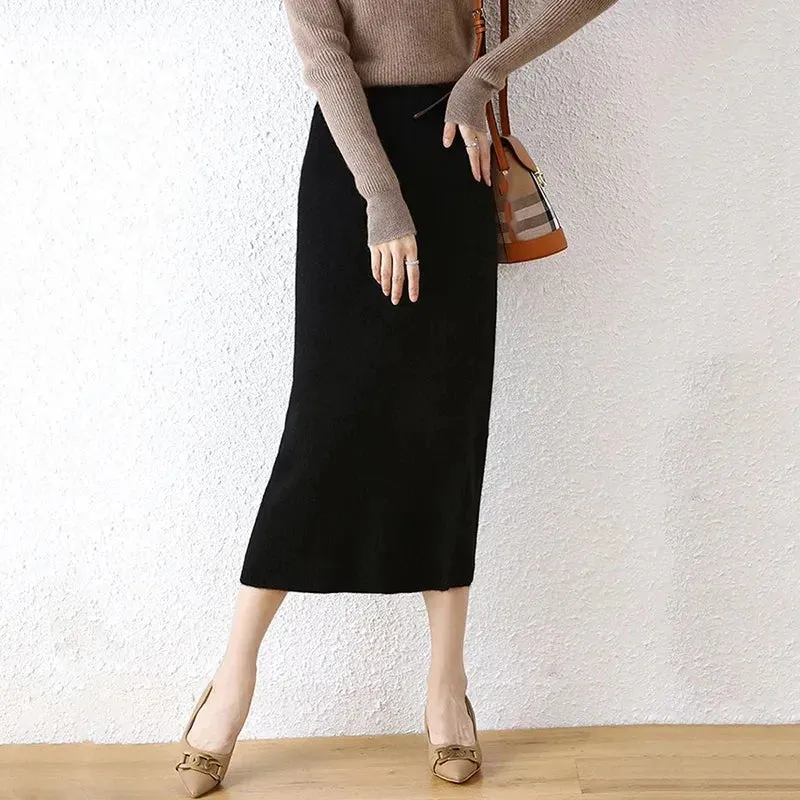 Girlary Autumn Winter Knitted Warm Skirts Women Vintage High Waist Elegant All Match A Line Skirts Harajuku Casual Solid Midi Skirts New