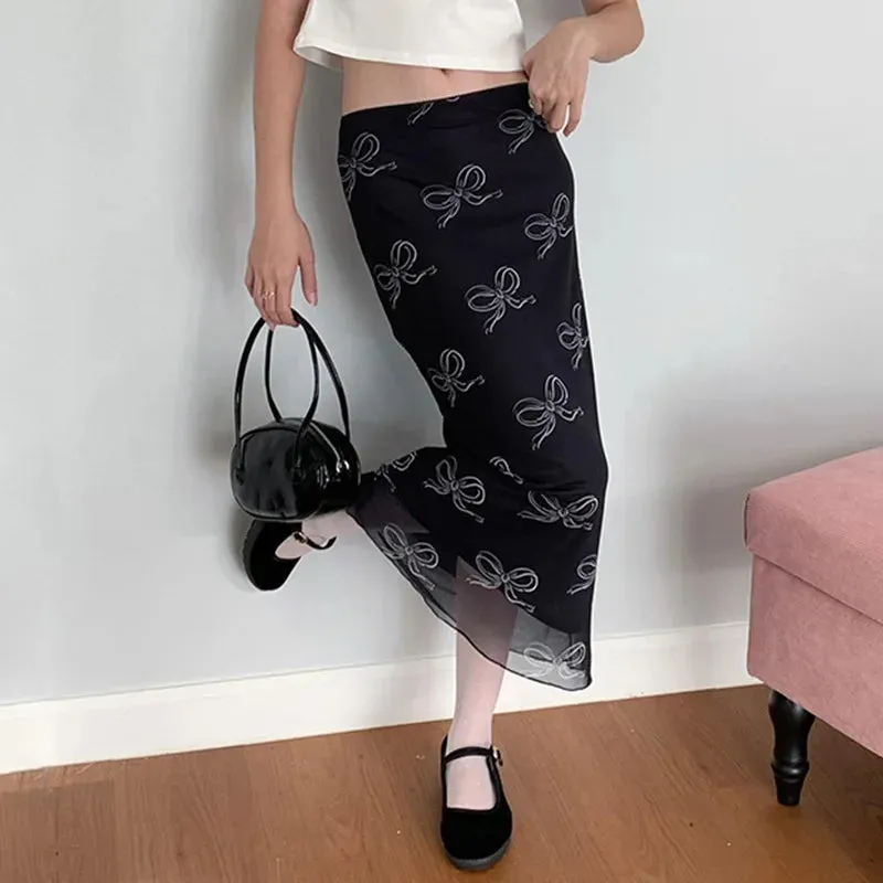 Girlary y2k Floral Print Midi Skirts Women High Waisted Velvet Long Skirts Vintage Punk Gothic Grunge Slim Split Bottom Korean