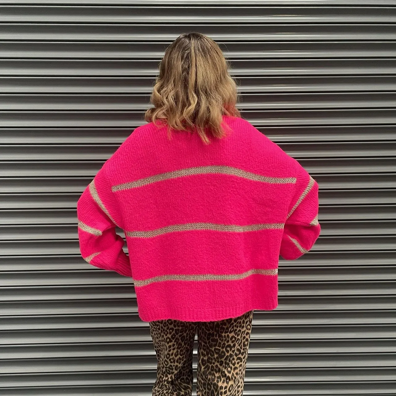 Hot Pink Disco Cardigan With Metallic Stripe - ONE SIZE