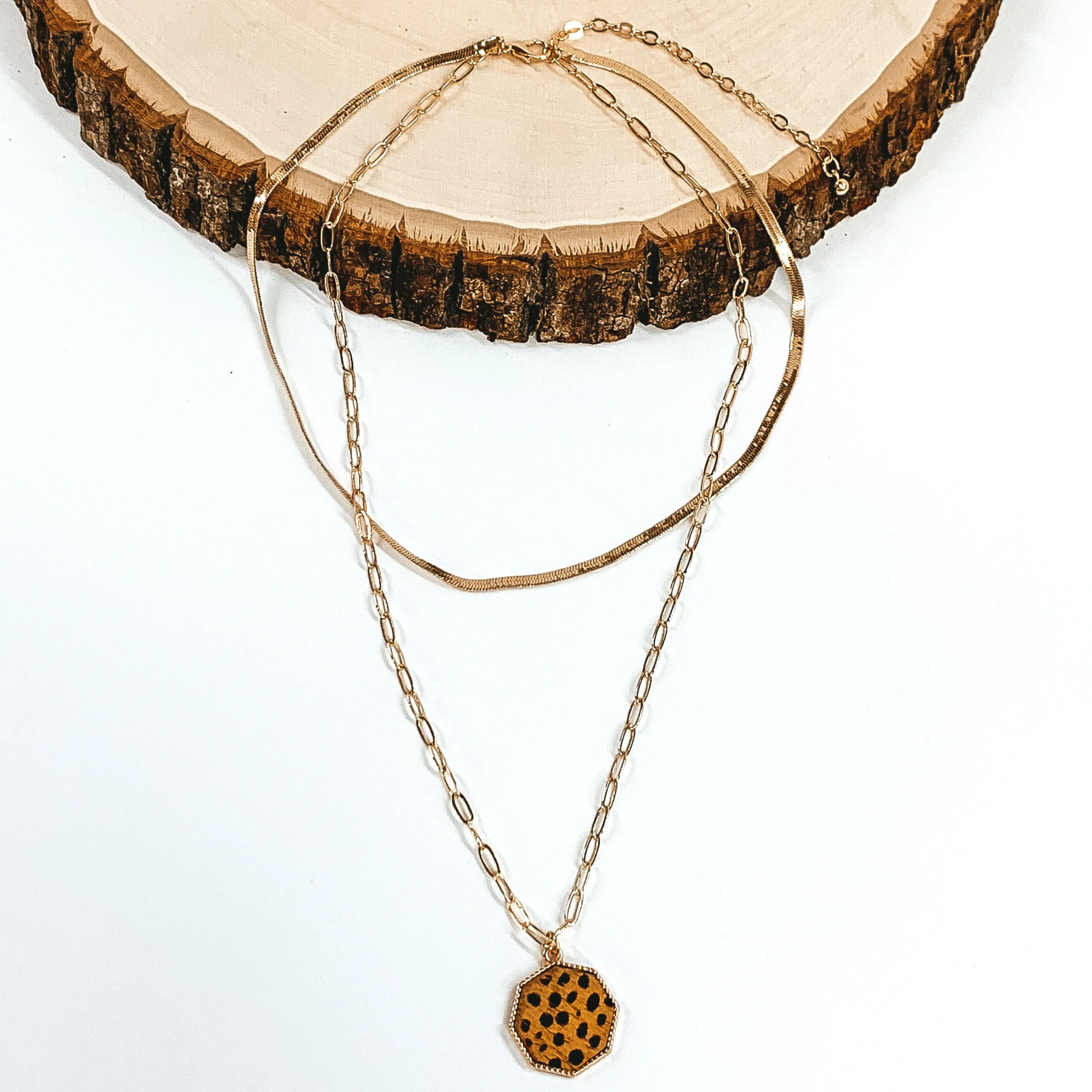 Layered Herringbone Chain Necklace in Gold Tone with Octagon Pendant in Brown Dotted Print