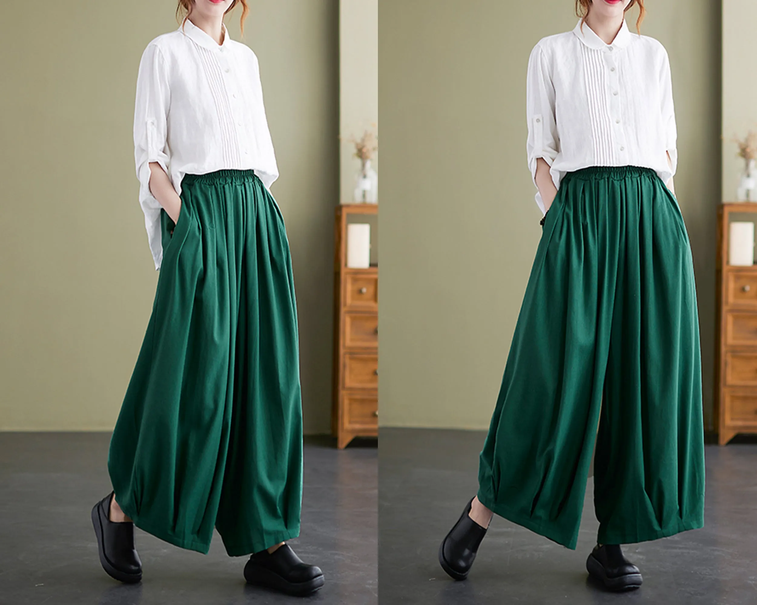 Linen skirt pants, ankle length pants, Wide leg pants, black skirt pants, cotton pants, custom made, green pants (K2249)