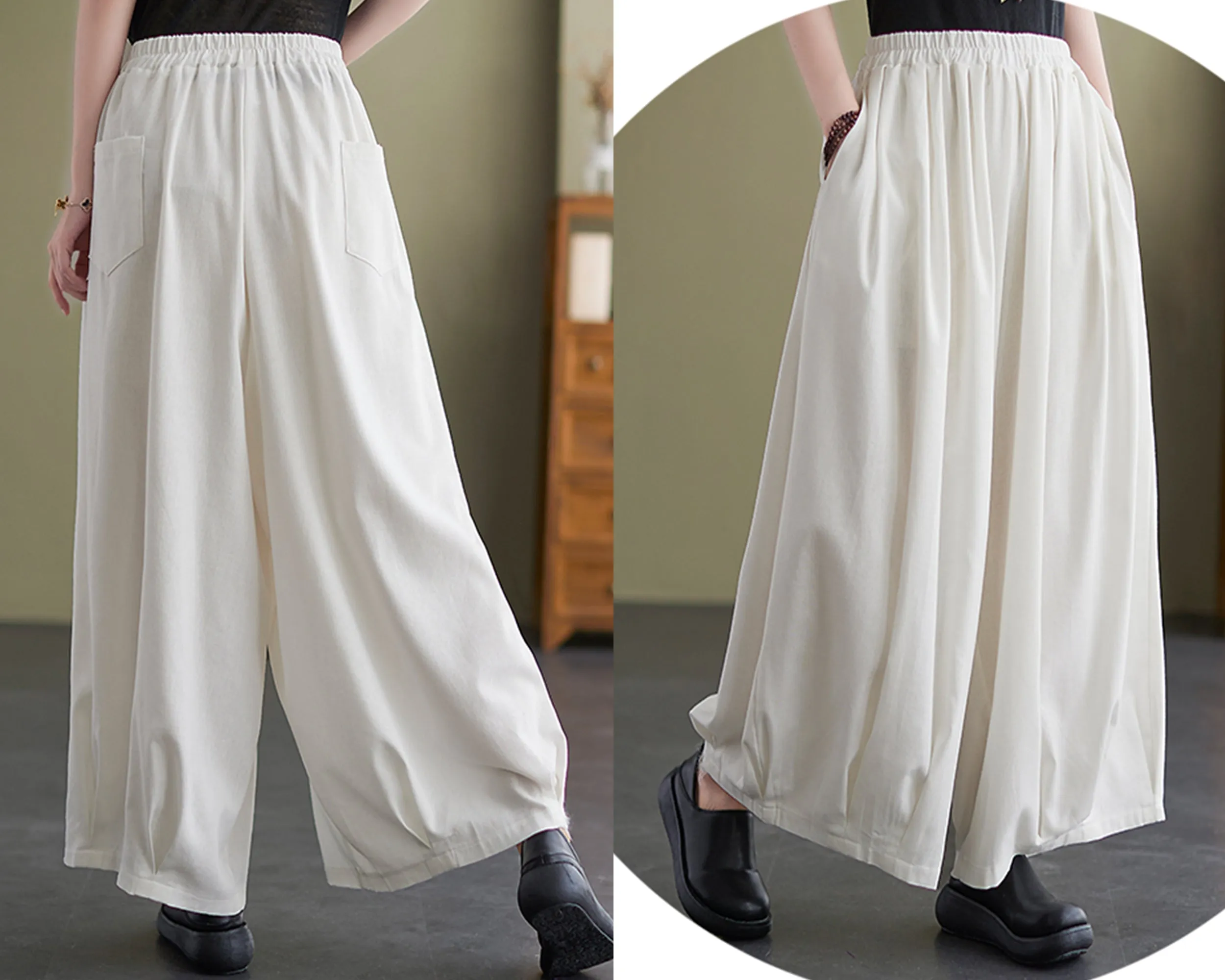 Linen skirt pants, ankle length pants, Wide leg pants, black skirt pants, cotton pants, custom made, green pants (K2249)