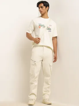 Nuon Off-White Mid-Rise Relaxed-Fit Cotton Blend Chinos