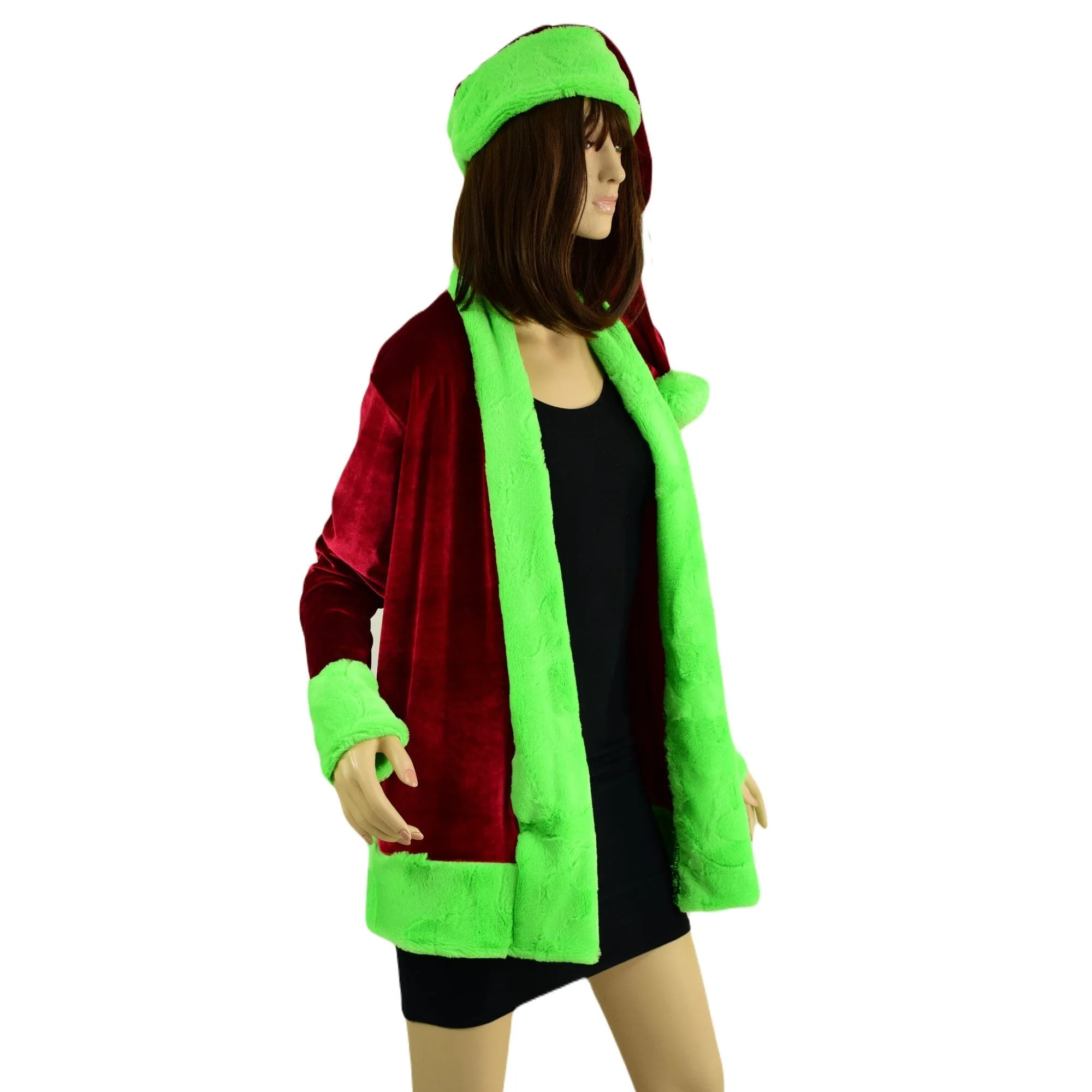 "Mean One" Not a Cardigan and Matching Santa Hat with Neon Green Trim