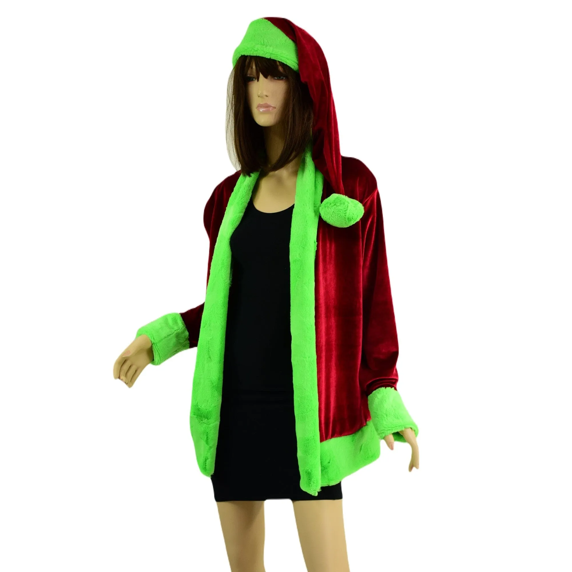 "Mean One" Not a Cardigan and Matching Santa Hat with Neon Green Trim