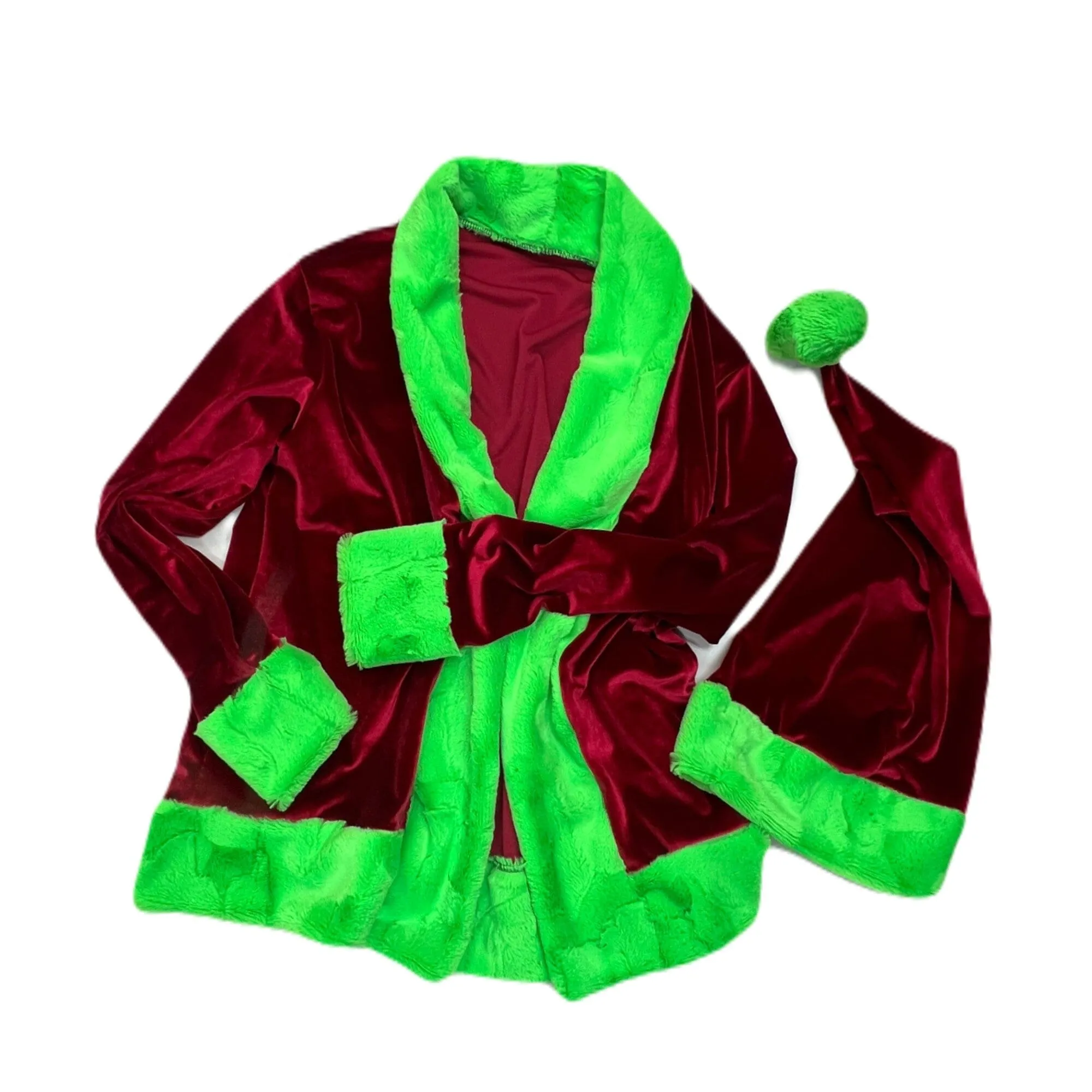 "Mean One" Not a Cardigan and Matching Santa Hat with Neon Green Trim