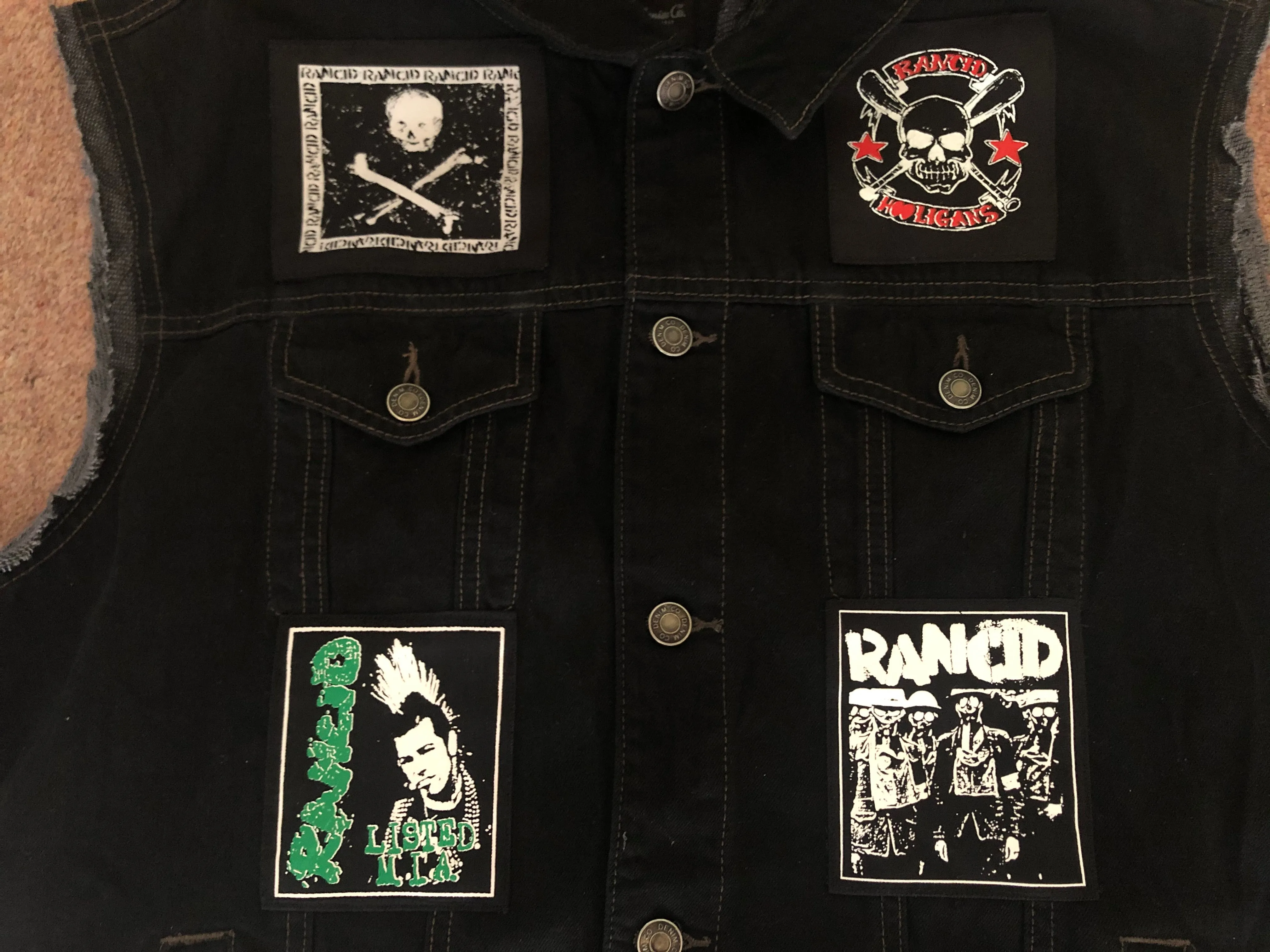 Rancid Punx Hooligans Punk Rock Denim Cut-Off Hooded Battle Jacket