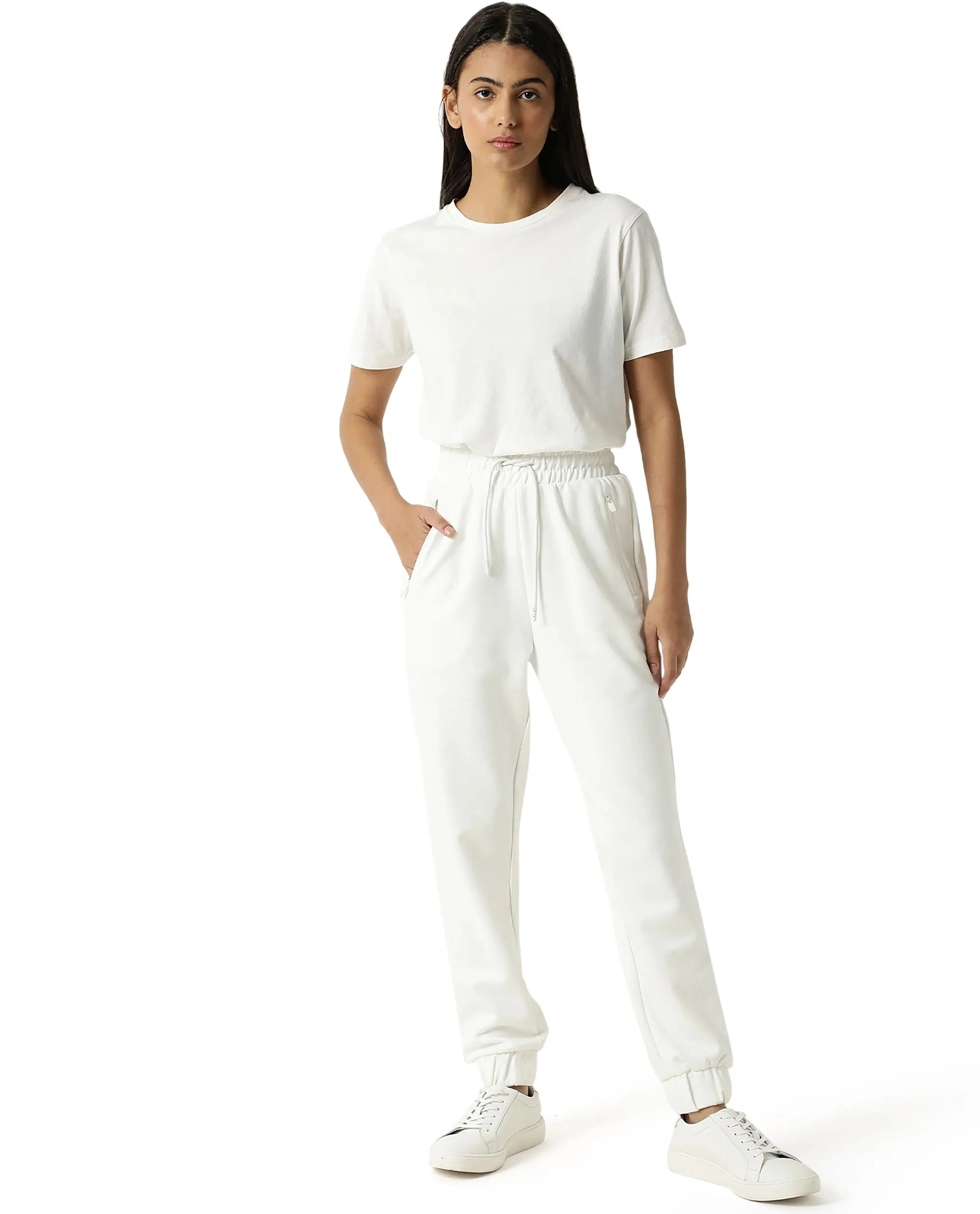 Rareism Women Creta Off White Cotton Blend Fabric Relaxed Fit Solid Mid Rise Ankle Length Track Pant