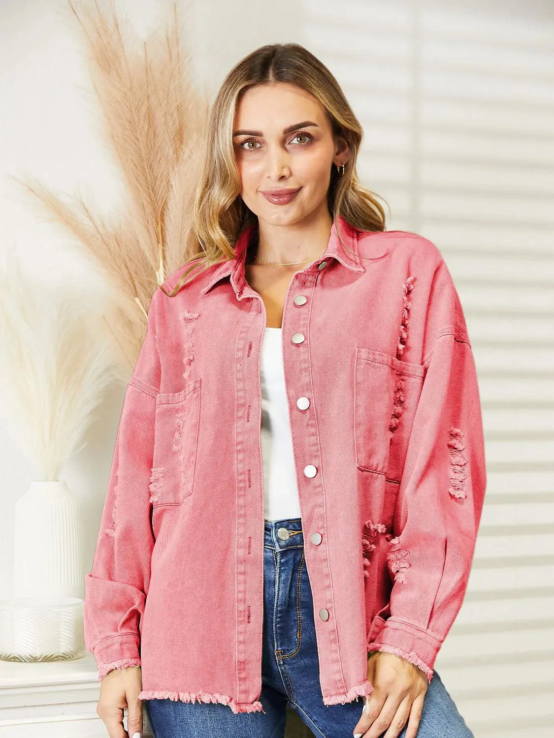 Stay Stylish with Women's Distressed Raw Hem Denim Jacket