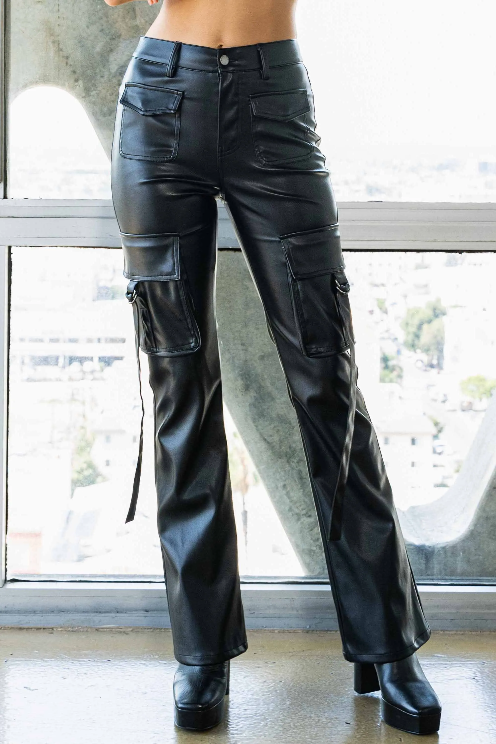 Vegan Leather Cargo Volume Flare Pants