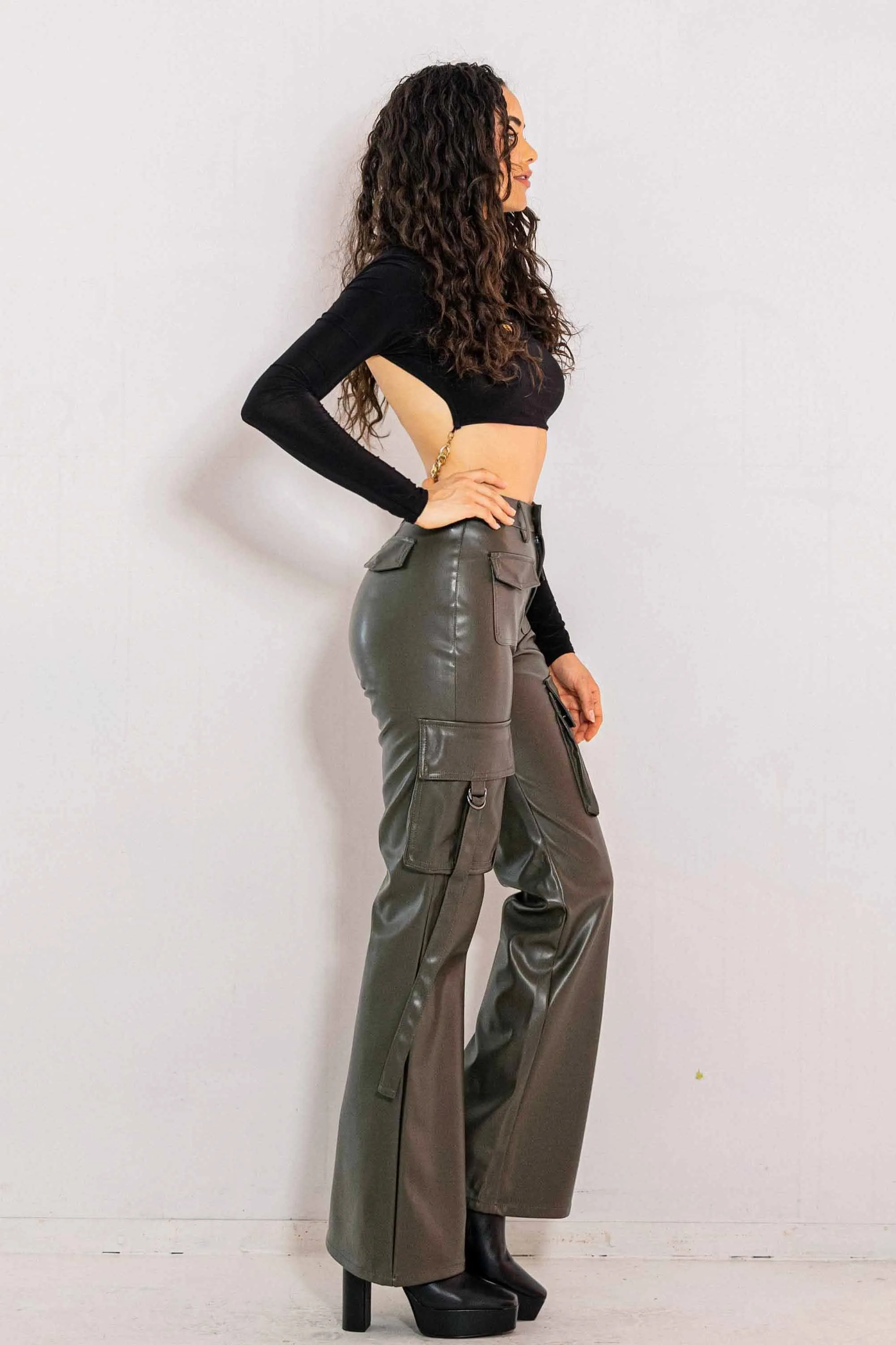 Vegan Leather Cargo Volume Flare Pants