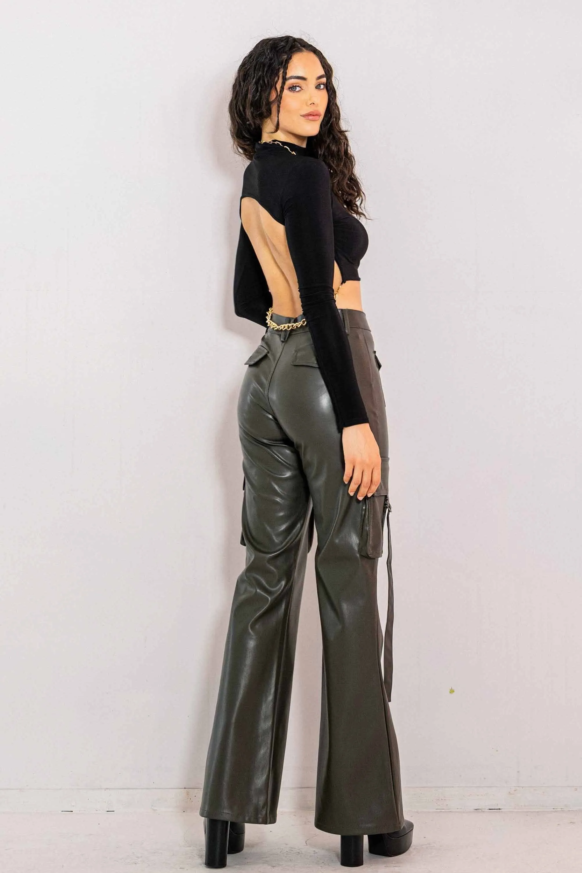 Vegan Leather Cargo Volume Flare Pants