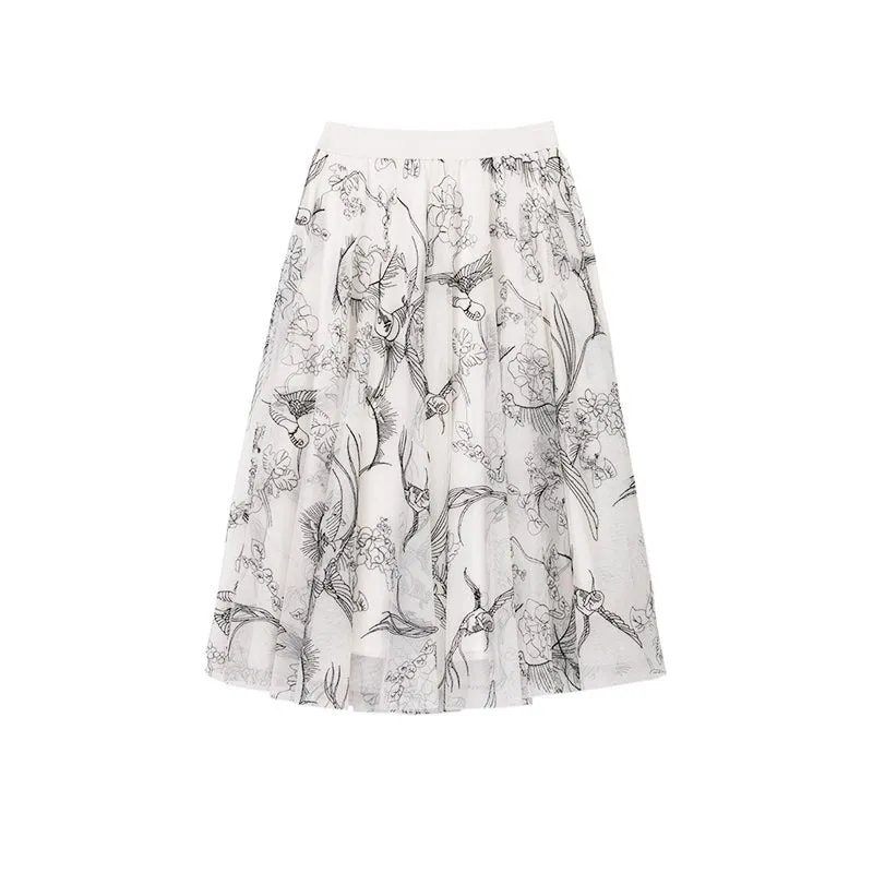 White Midi Skirts Flower Bird Pattern