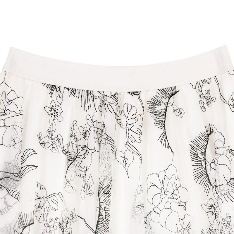 White Midi Skirts Flower Bird Pattern