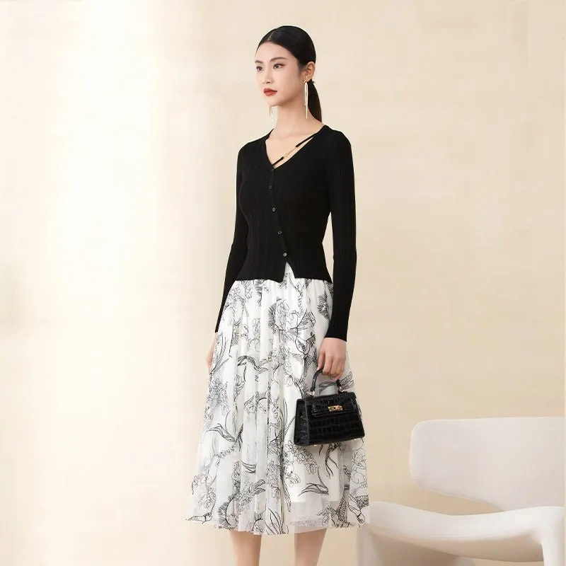 White Midi Skirts Flower Bird Pattern