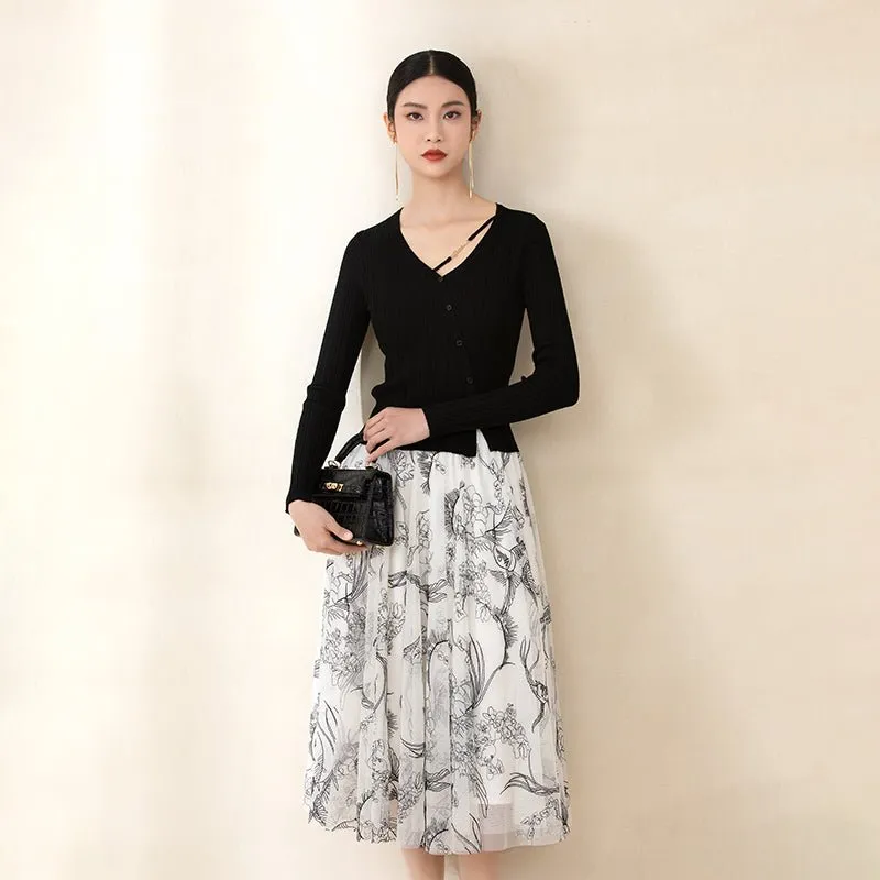 White Midi Skirts Flower Bird Pattern