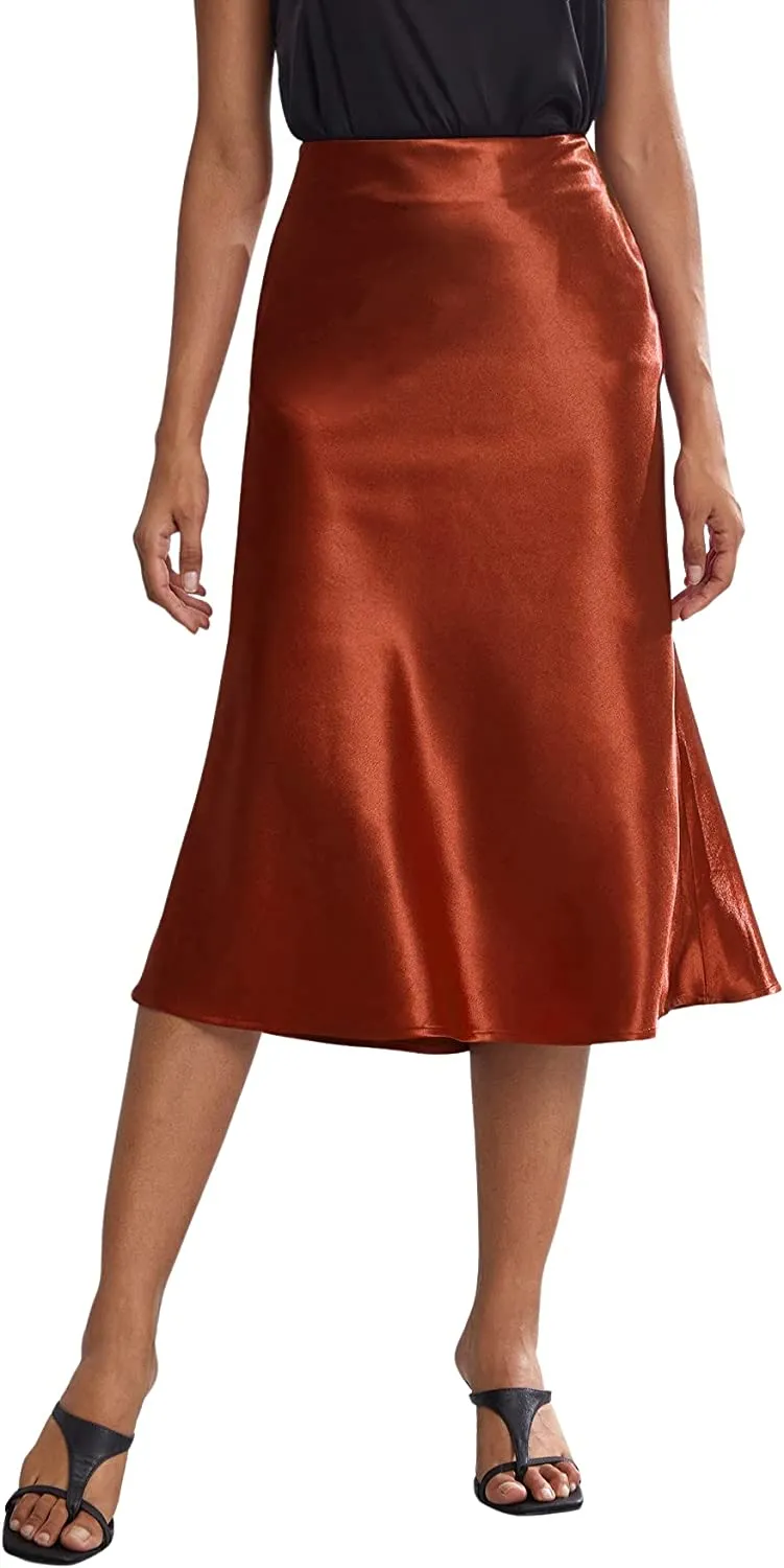 Wholesale Women's Elegant High Waist Satin A Line Flared Midi Skirt