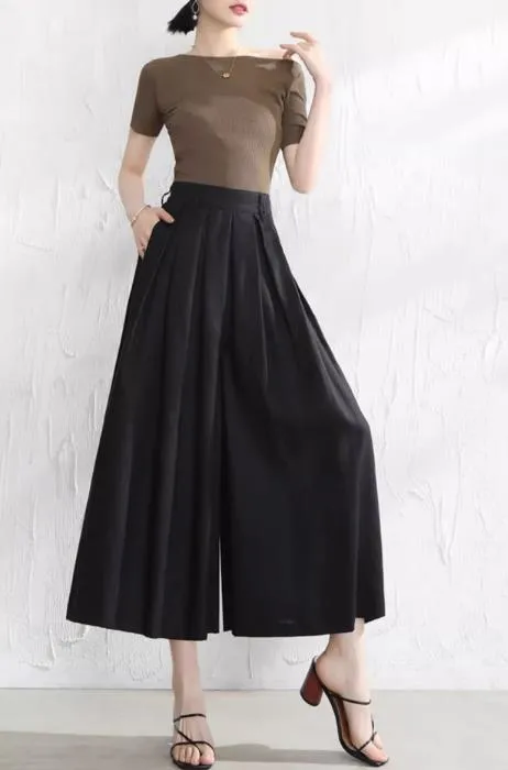 Women linen pants/Cropped trousers/black pants/high waist trousers/wide leg pants/elastic waist Pants/palazzo pants P0025