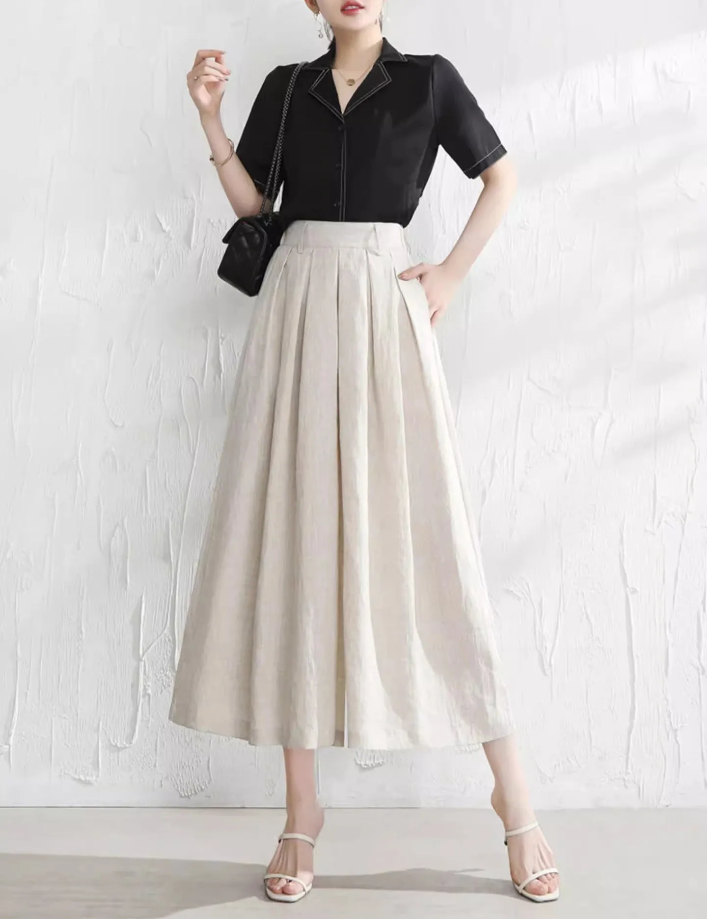 Women linen pants/Cropped trousers/black pants/high waist trousers/wide leg pants/elastic waist Pants/palazzo pants P0025