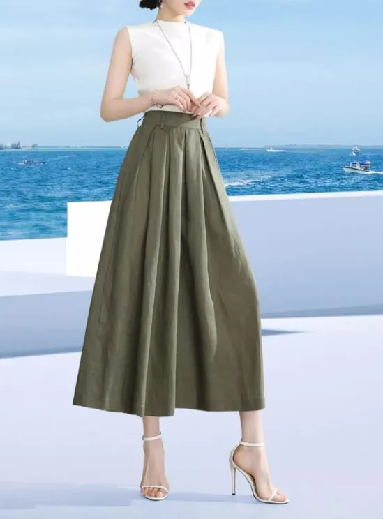 Women linen pants/Cropped trousers/black pants/high waist trousers/wide leg pants/elastic waist Pants/palazzo pants P0025