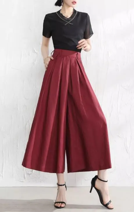 Women linen pants/Cropped trousers/black pants/high waist trousers/wide leg pants/elastic waist Pants/palazzo pants P0025