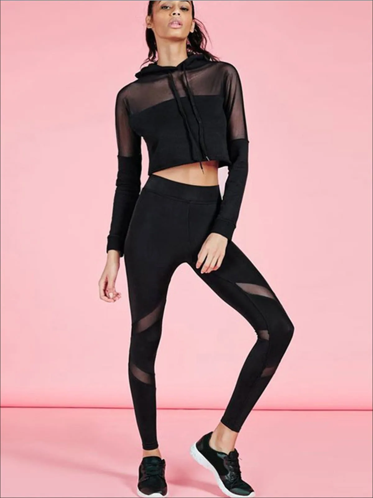 Women's Black Mesh Hooded Long Sleeve Crop Top Legging Set