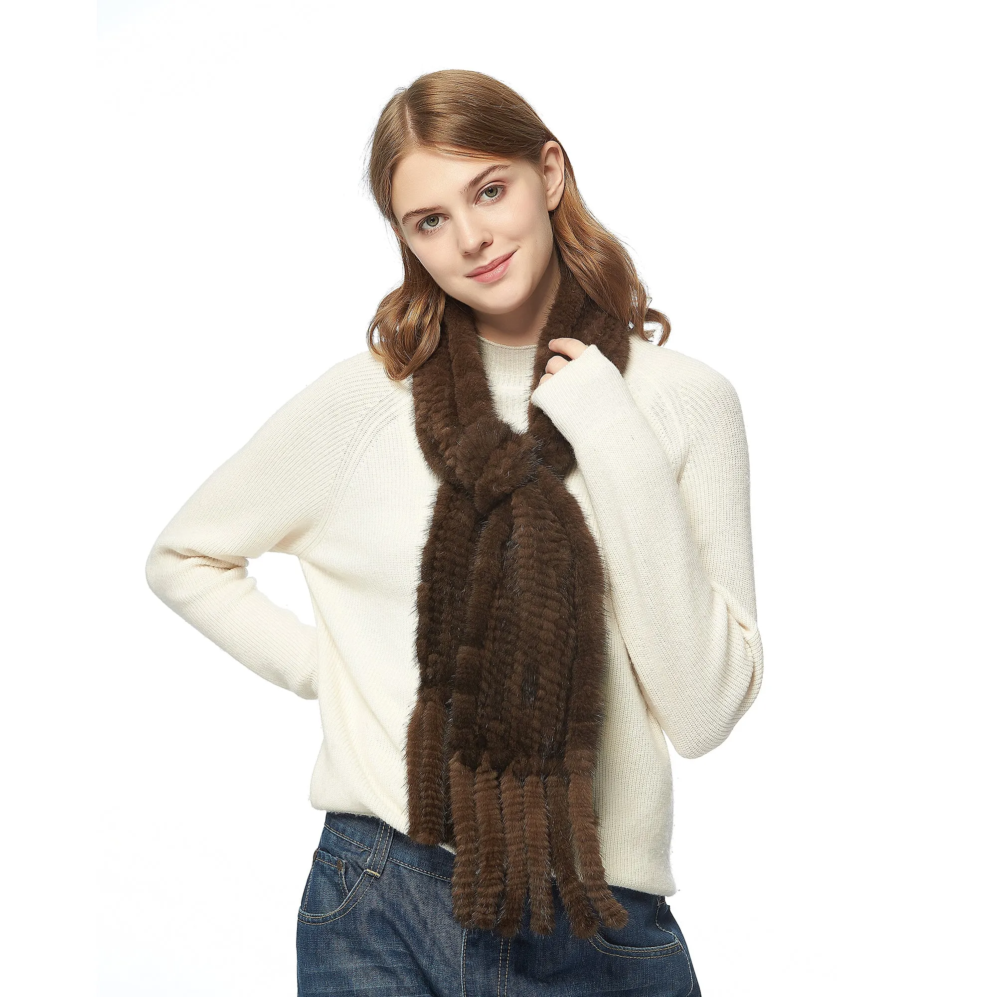 Women's Knitted Mink Fur Scarf For Winter Warm Shawl Scarves Fur Story FS050303