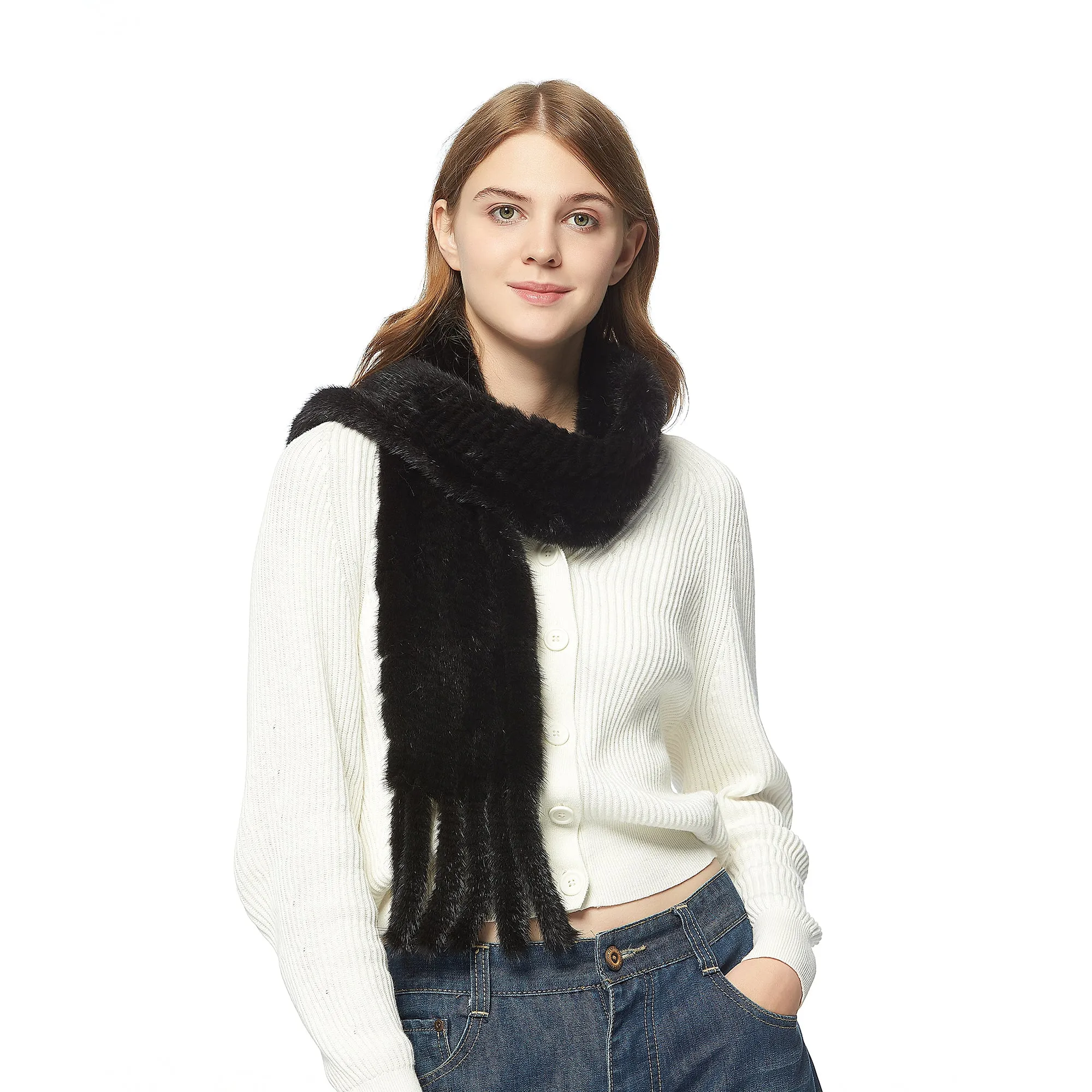 Women's Knitted Mink Fur Scarf For Winter Warm Shawl Scarves Fur Story FS050303