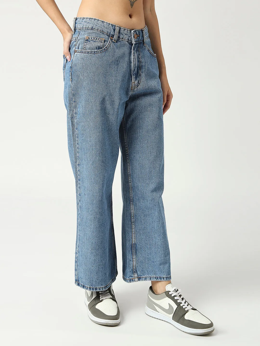 Women's Mid Blue Seattle Cropped Wide Leg Jeans