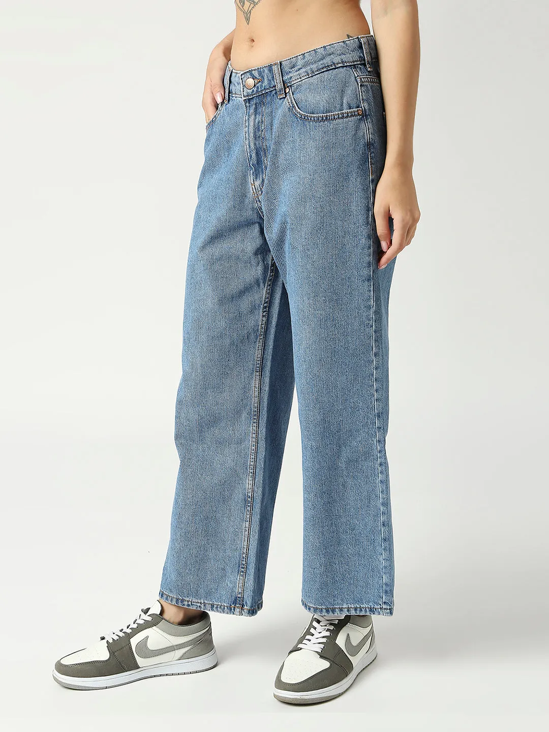 Women's Mid Blue Seattle Cropped Wide Leg Jeans